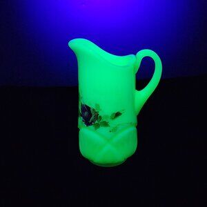 MCM Yellow Custard Hazel Atlas Rose Glass Creamer UV Reactive 4.5"